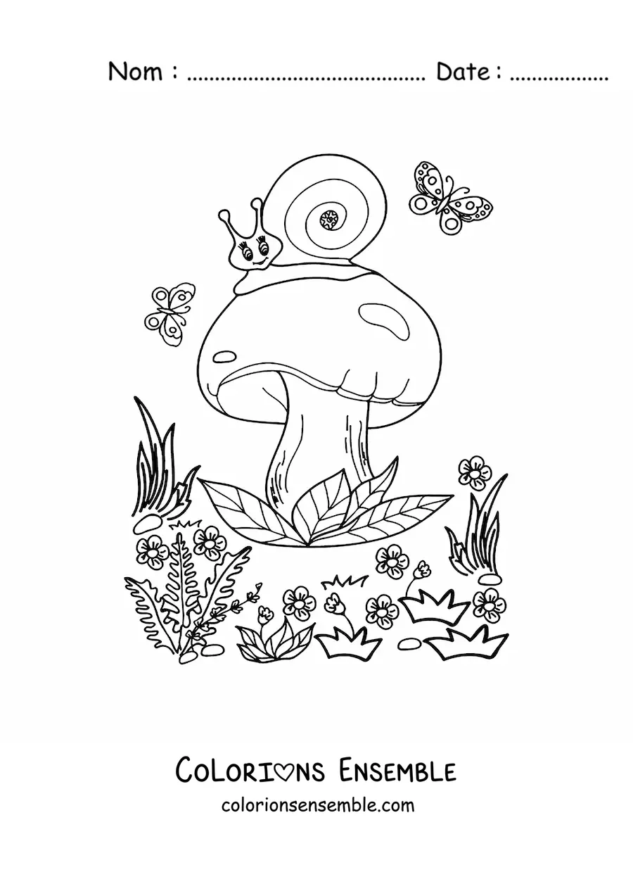 Image à colorier d'un champignon avec un escargot et des papillons dans la forêt magique