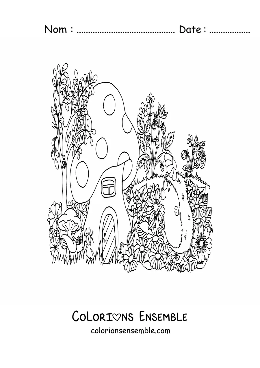 Image à colorier d'un tendre porc-épic à côté d'une maison de la forêt magique