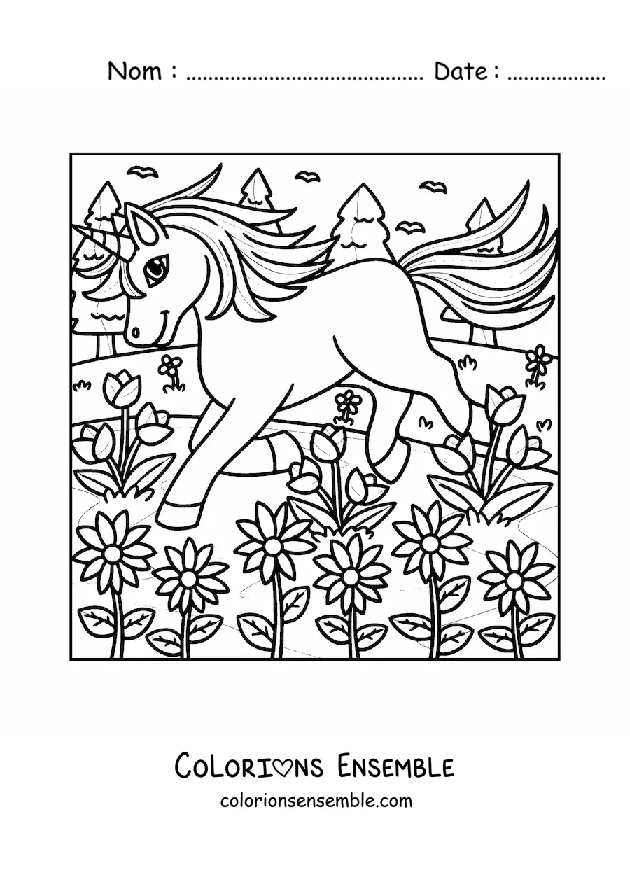 Image à colorier d'une licorne trottant dans un jardin magique