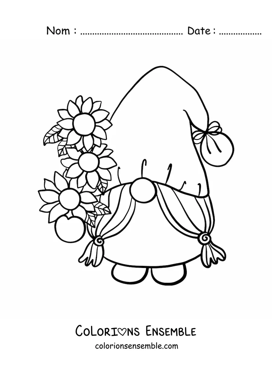 Image à colorier d'un gnome de jardin entouré de fleurs