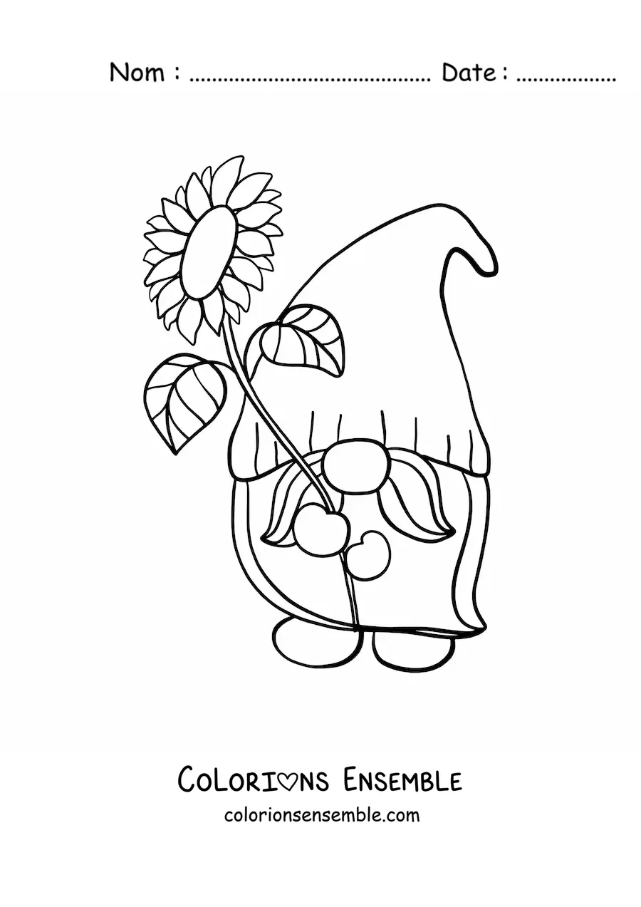 Image à colorier d'un gnome de jardin avec un tournesol