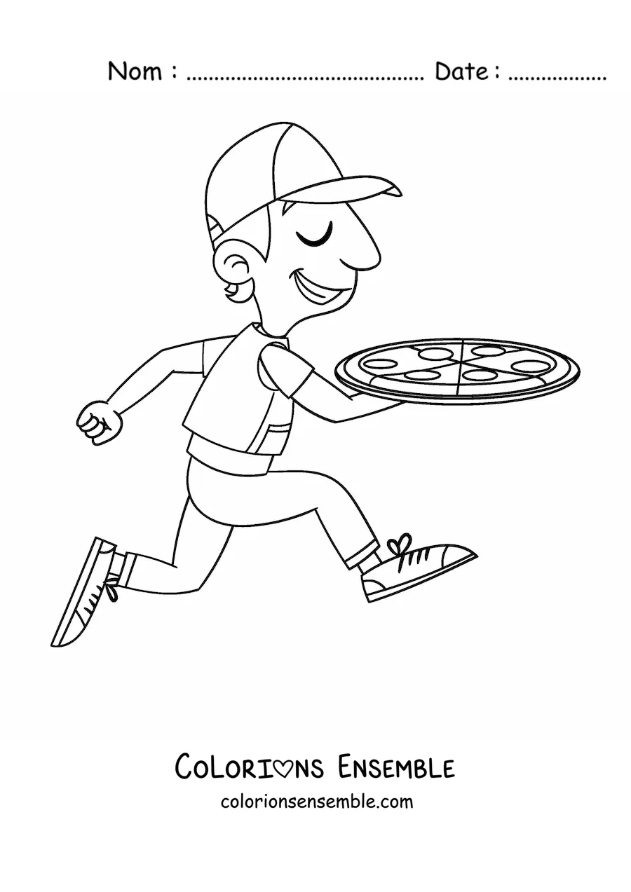 Image à colorier d'un livreur de pizza qui marche