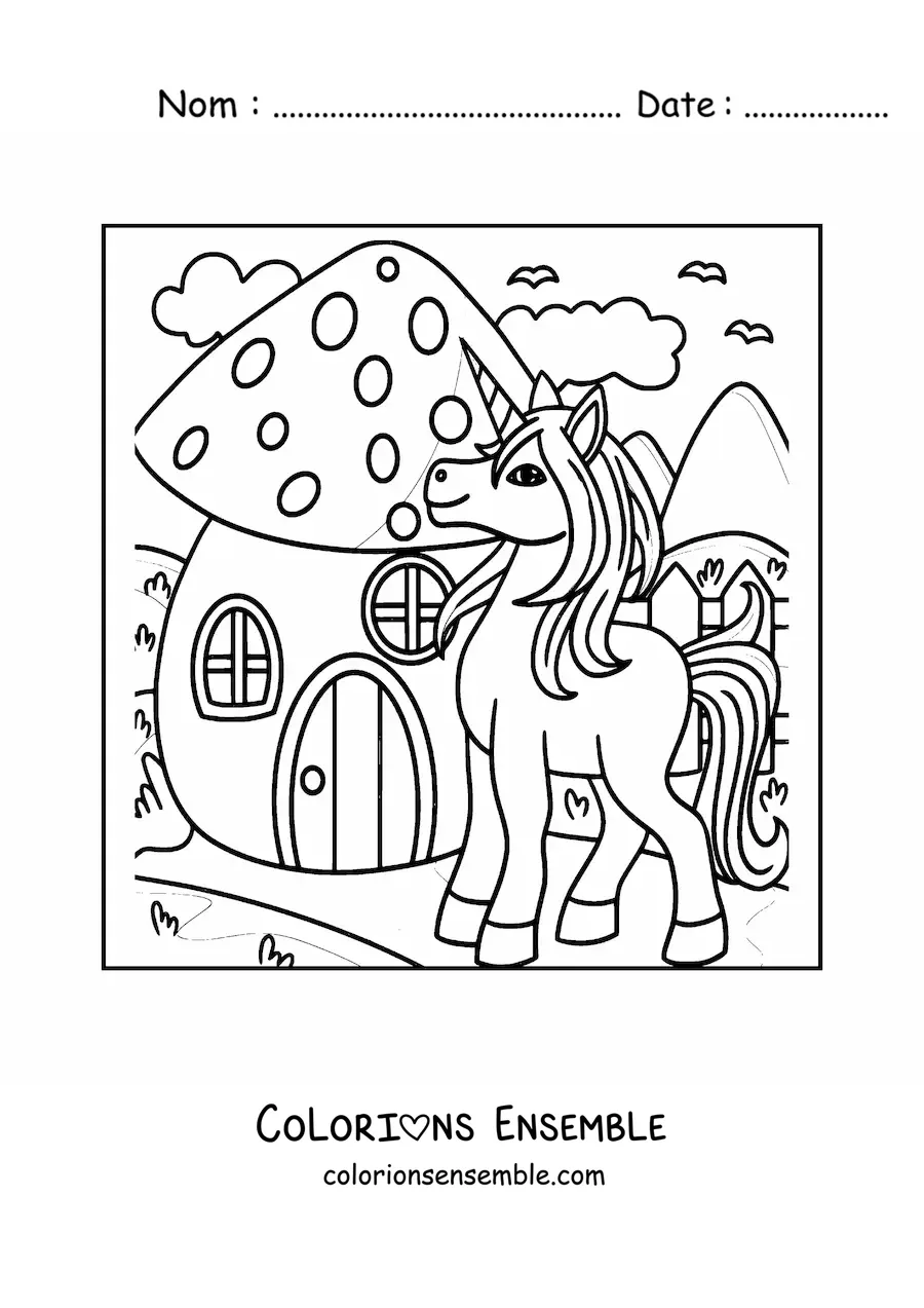Image à colorier d'une licorne à côté d'une maison en forme de champignon dans la forêt enchantée