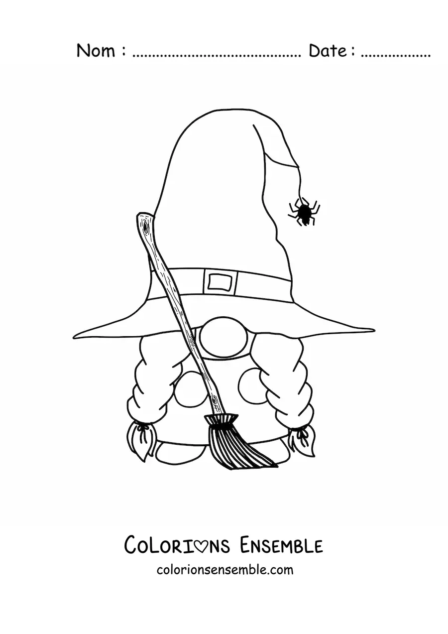Image à colorier d'un gnome d'Halloween avec un balai