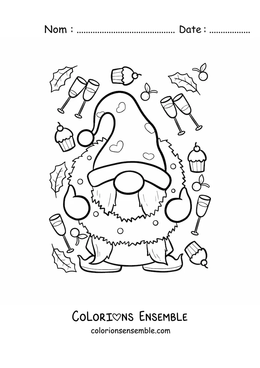 Image à colorier d'un gnome de Noël avec une couronne