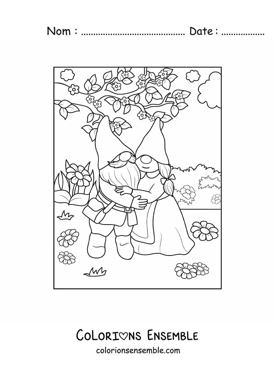Image à colorier d'un couple de gnomes enlacés dans le jardin