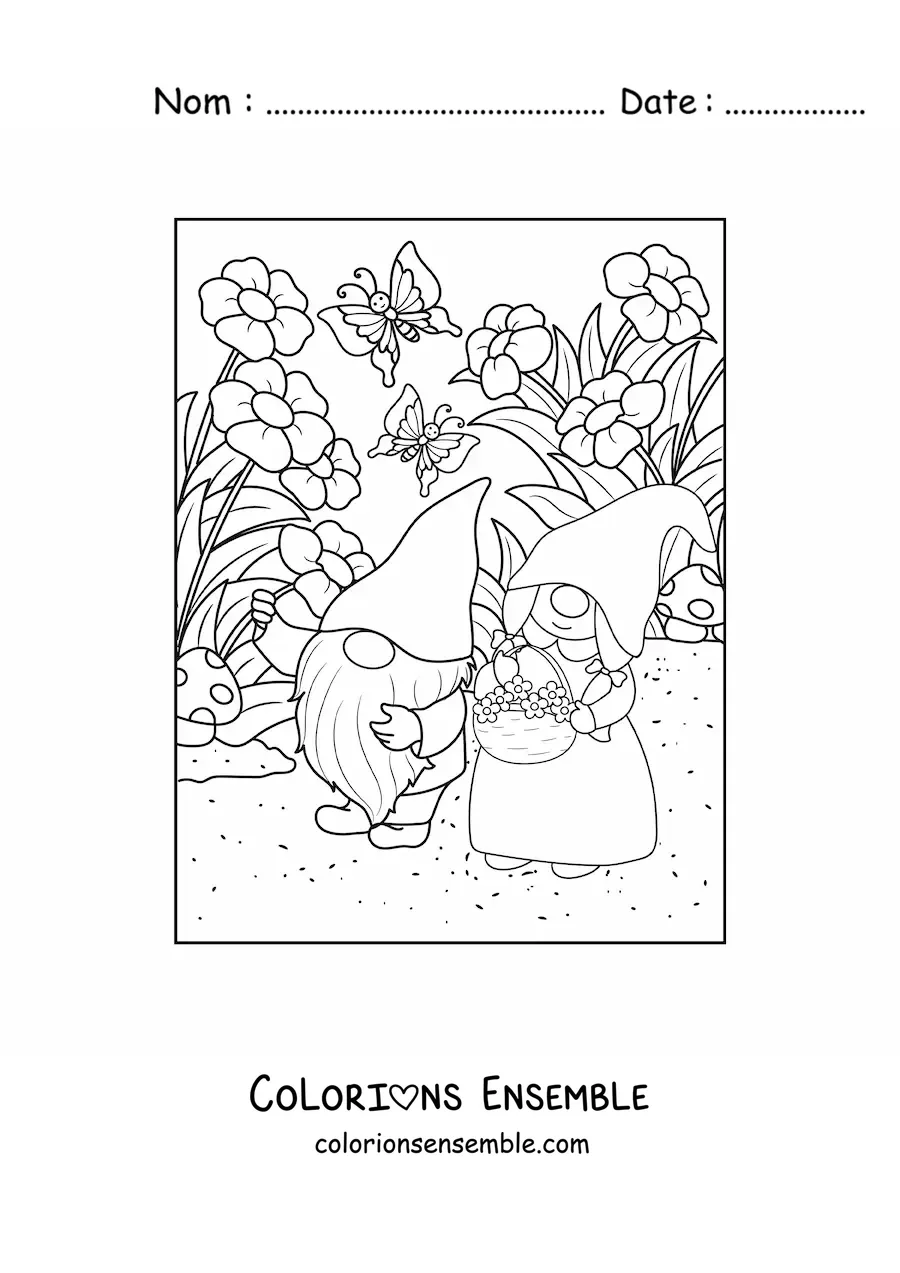 Image à colorier d'un couple de gnomes cueillant des fleurs dans le jardin