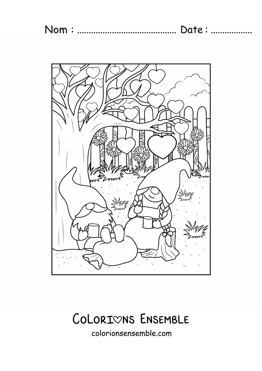 Image à colorier d'un couple de gnomes amoureux buvant un café dans le jardin