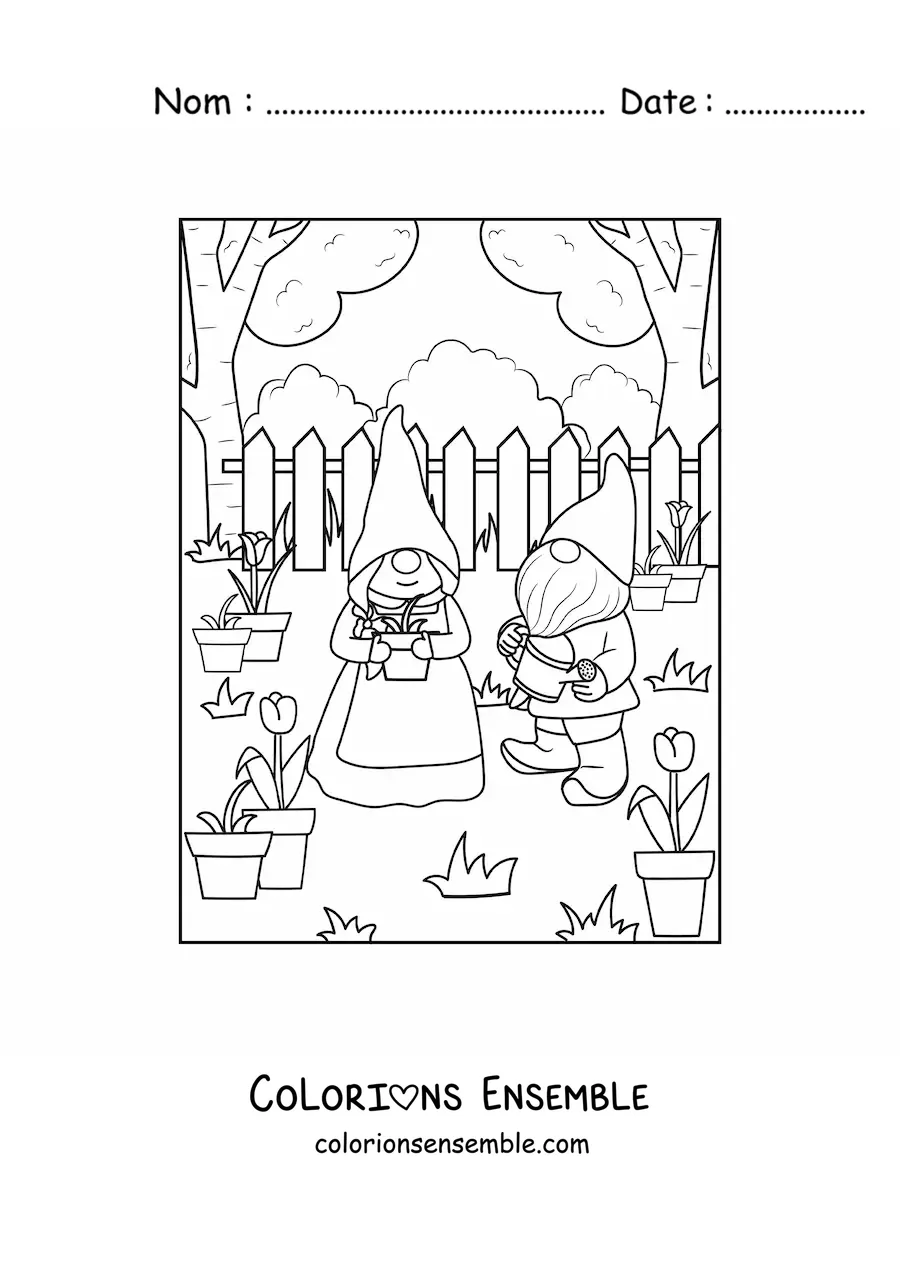 Image à colorier d'un couple de gnomes plantant des plantes dans le jardin