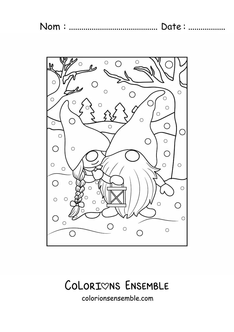 Image à colorier d'un couple de gnomes amoureux en hiver