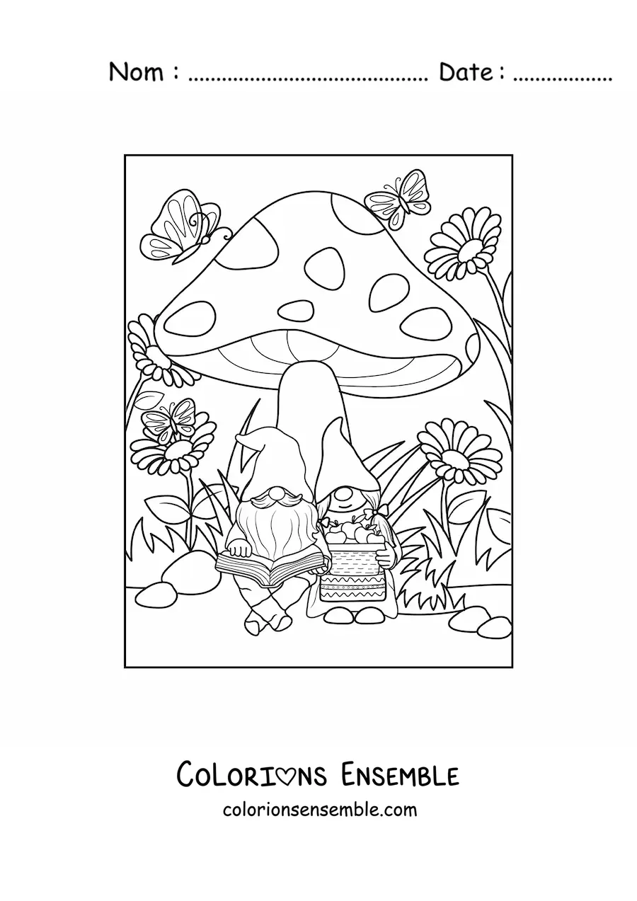 Image à colorier d'un couple de gnomes lisant sous un champignon