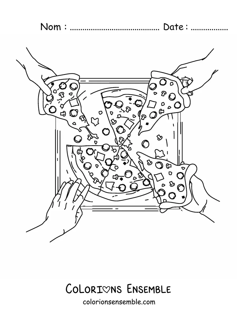 Image à colorier de plusieurs mains qui prennent des parts d'une pizza dans une boîte