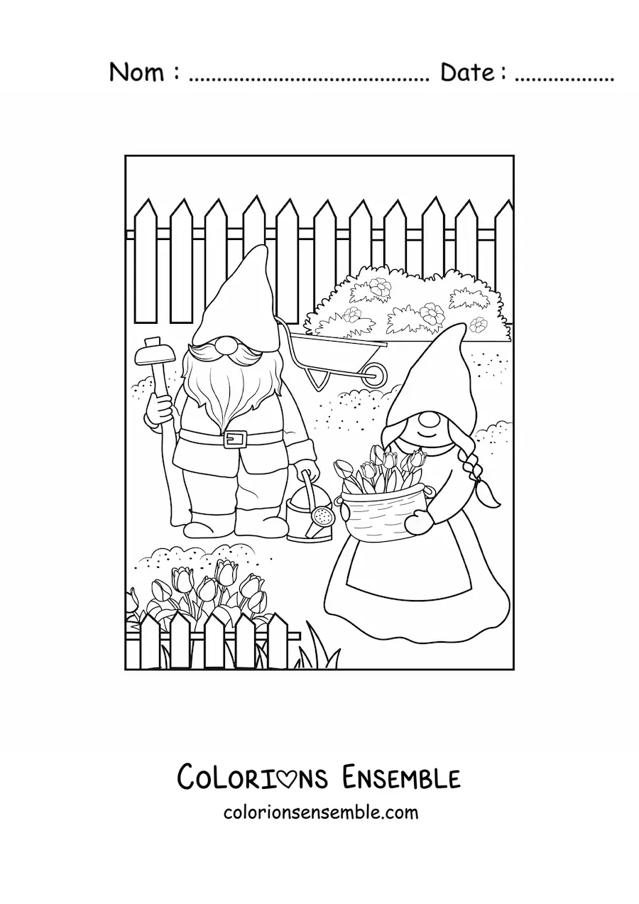Image à colorier d'un couple de gnomes plantant des fleurs dans le jardin