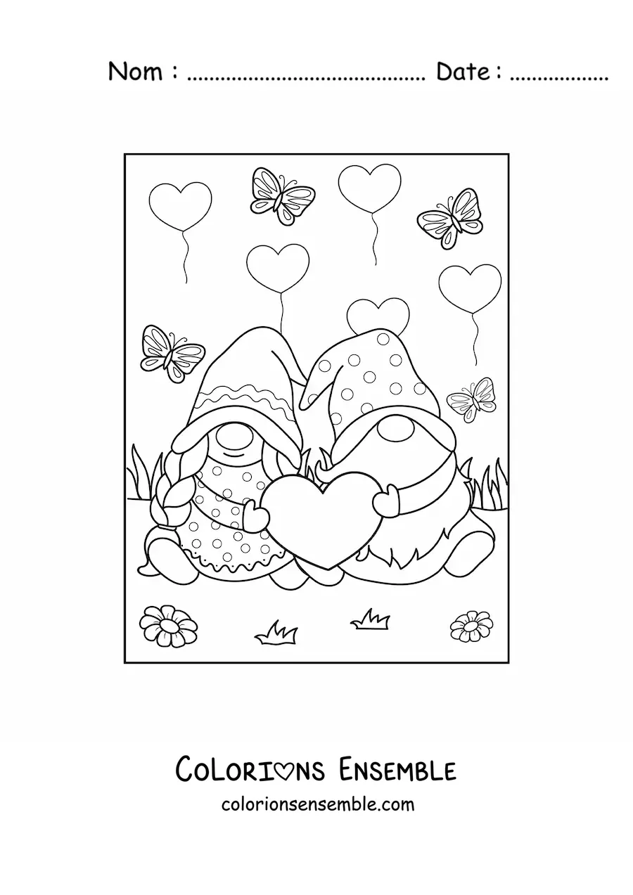 Image à colorier d'un couple de gnomes amoureux à la Saint-Valentin