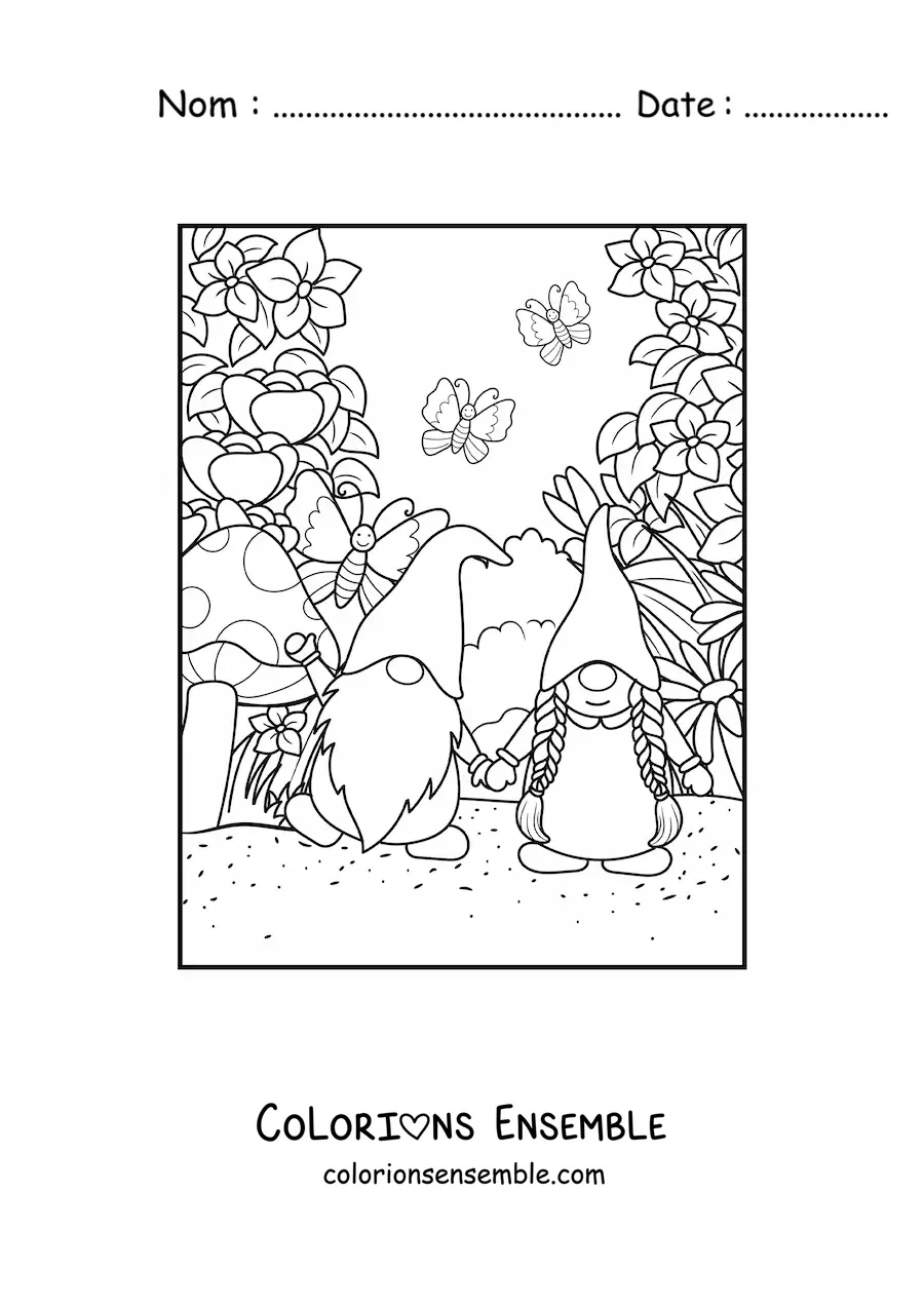 Image à colorier d'un couple de gnomes amoureux dans un jardin avec des papillons et des fleurs