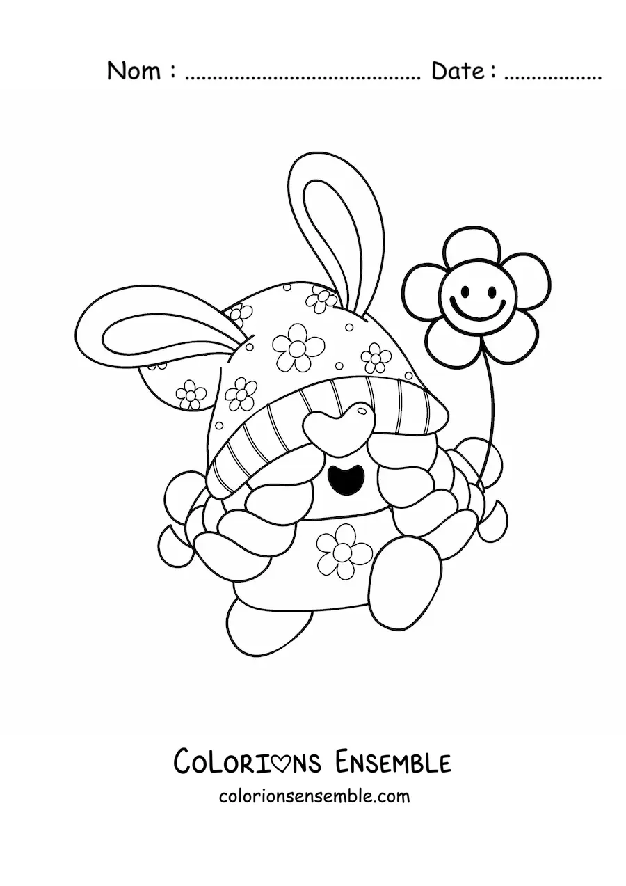 Image à colorier d'un drôle de gnome de Pâques avec une fleur