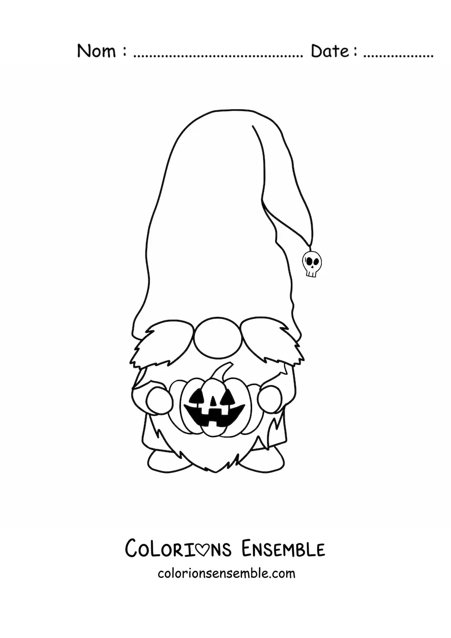 Image à colorier d'un gnome d'Halloween avec une citrouille
