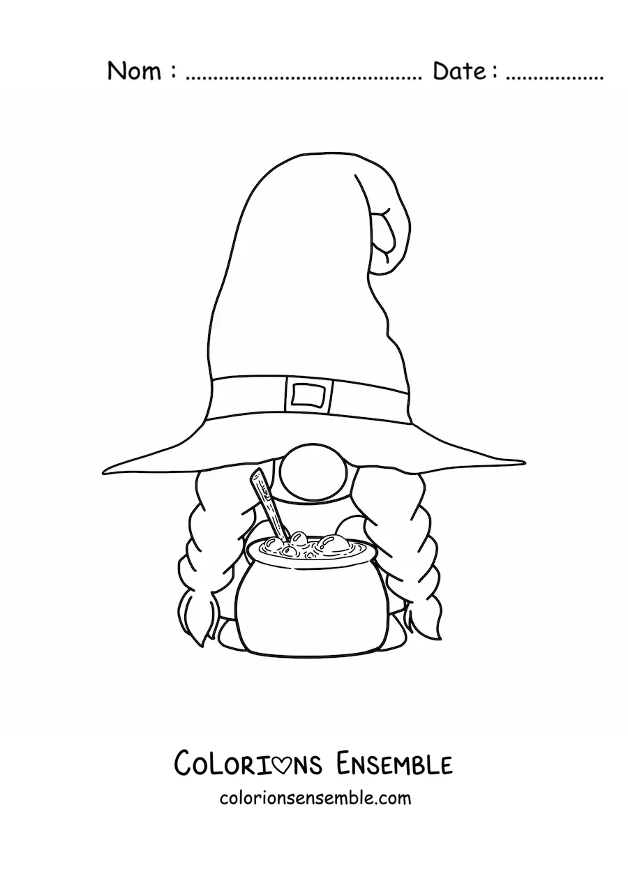 Image à colorier d'un gnome d'Halloween avec un chaudron