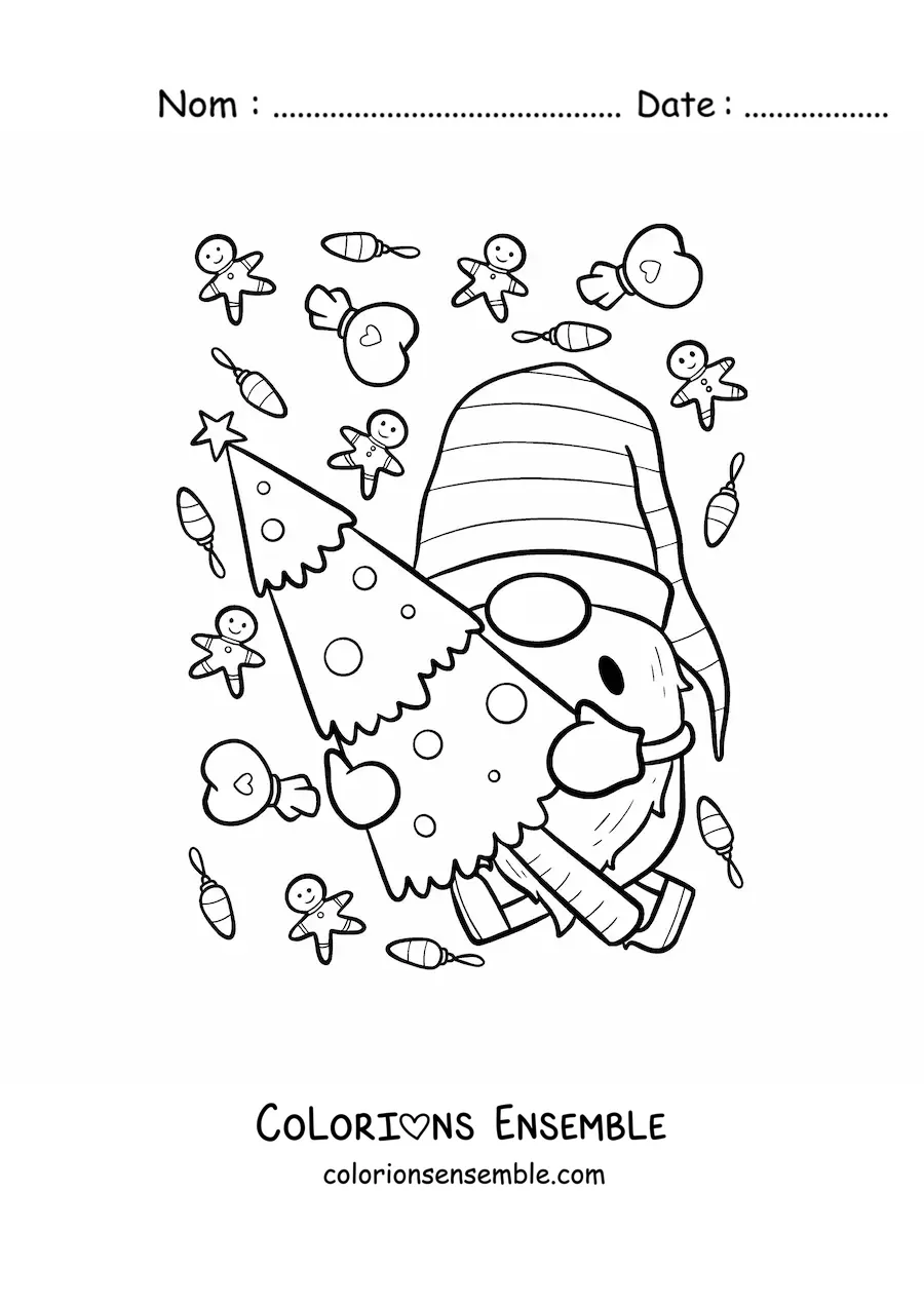 Image à colorier d'un gnome de Noël avec un petit sapin