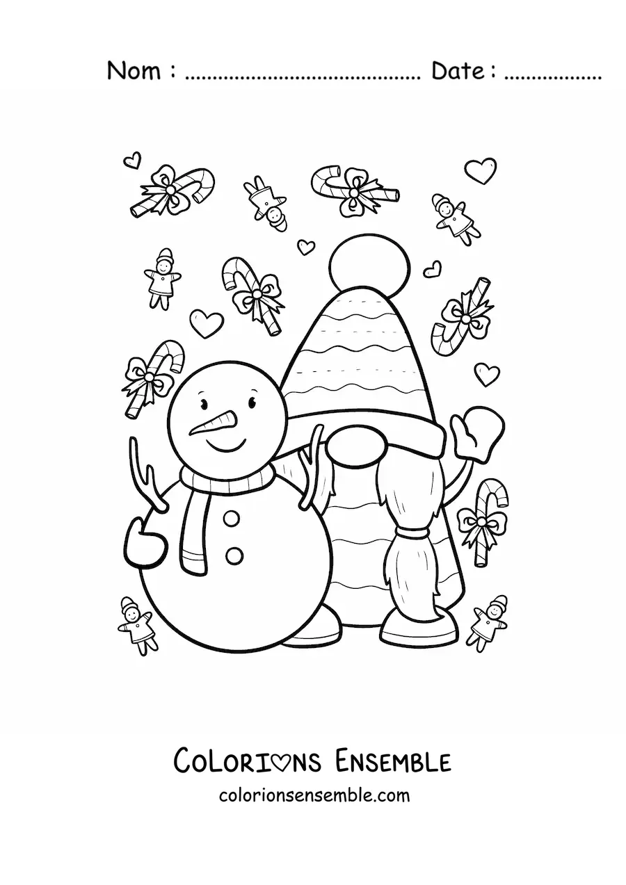 Image à colorier d'un gnome de Noël avec un bonhomme de neige