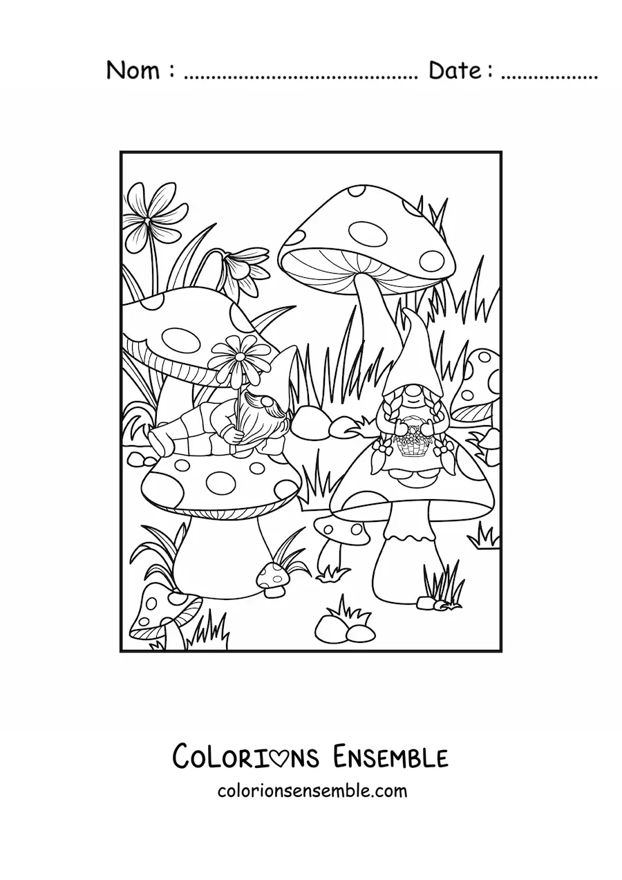Image à colorier d'un couple de gnomes assis sur des champignons
