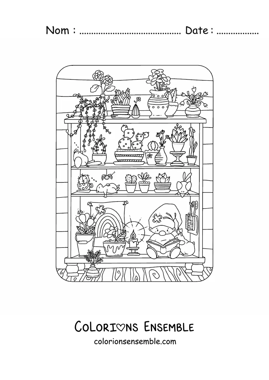 Image à colorier d'un gnome lisant sur une étagère garnie de plantes