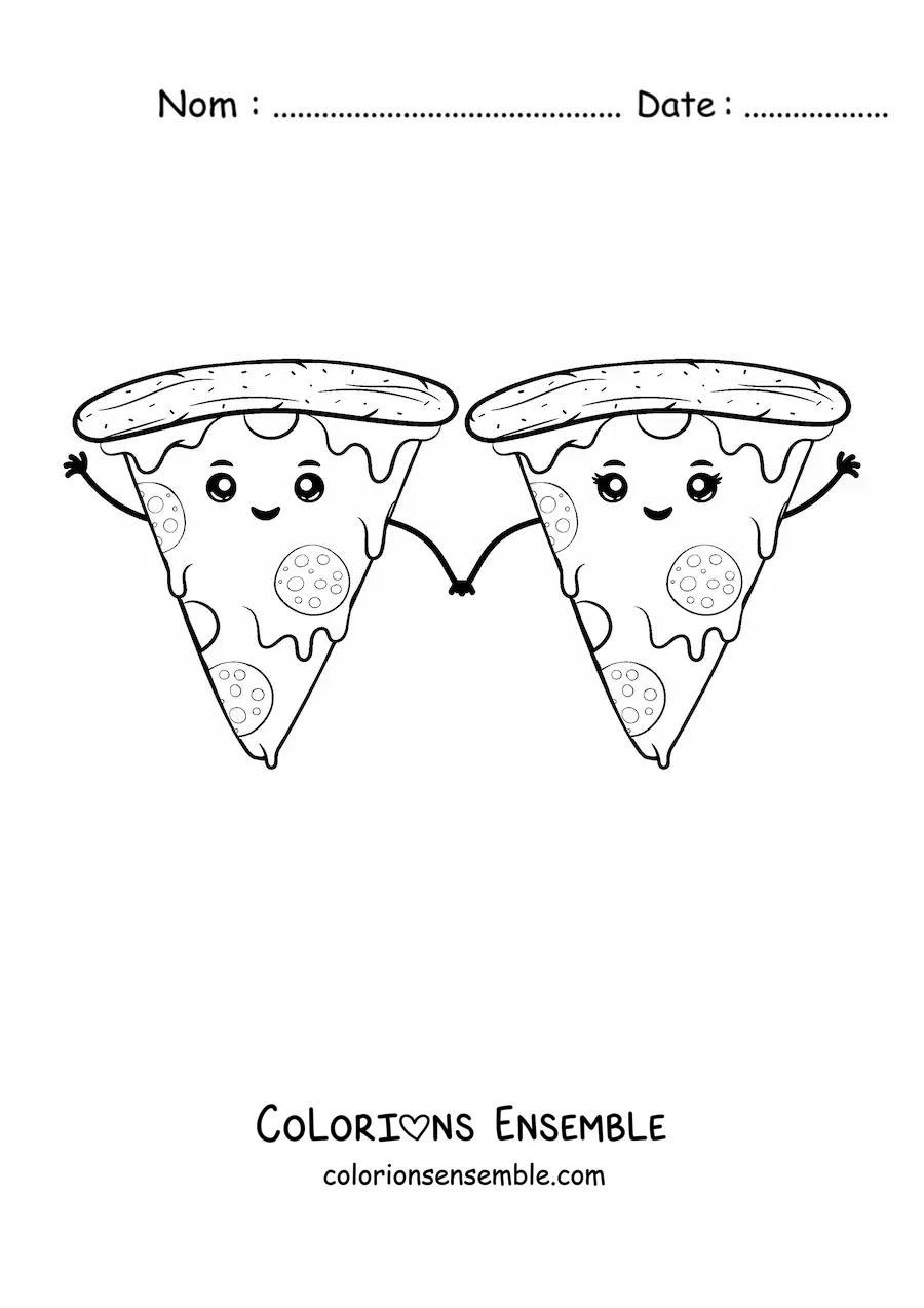 Image à colorier de deux parts de pizza kawaii qui se tiennent par la main