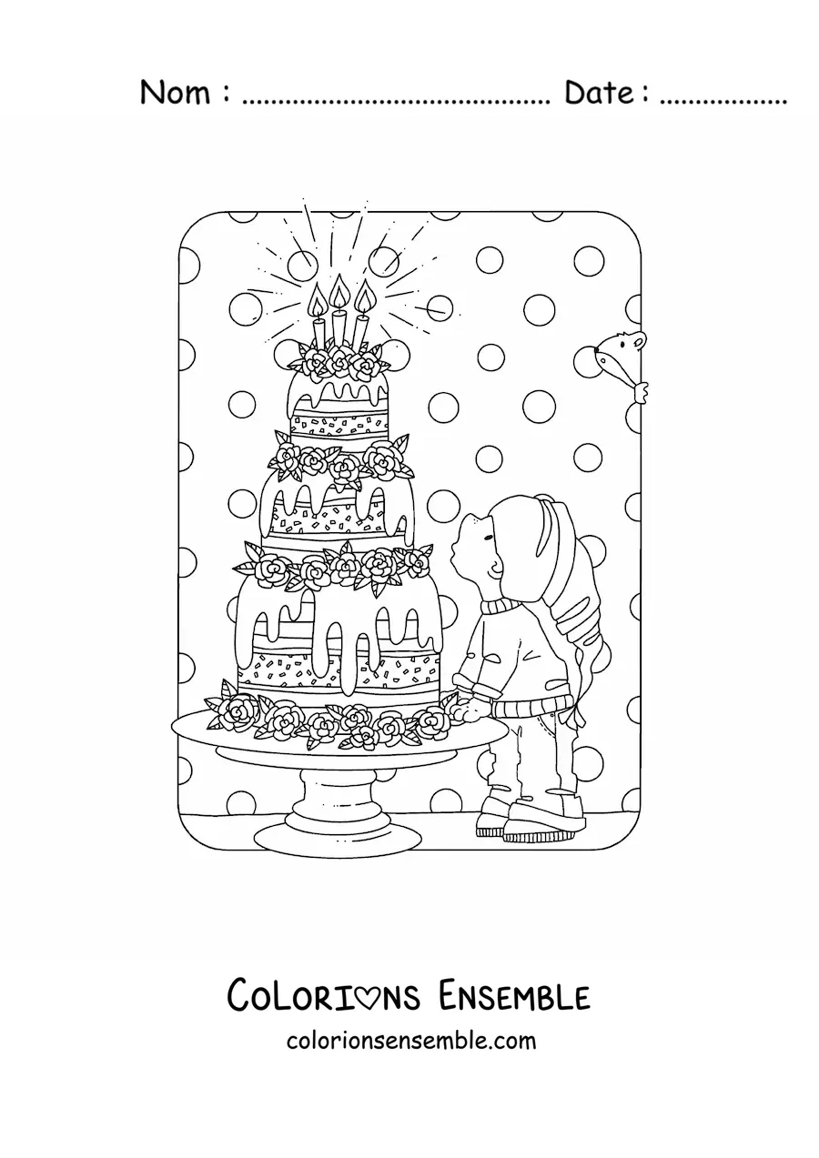 Image à colorier d'un gnome kawaii avec un gâteau d'anniversaire