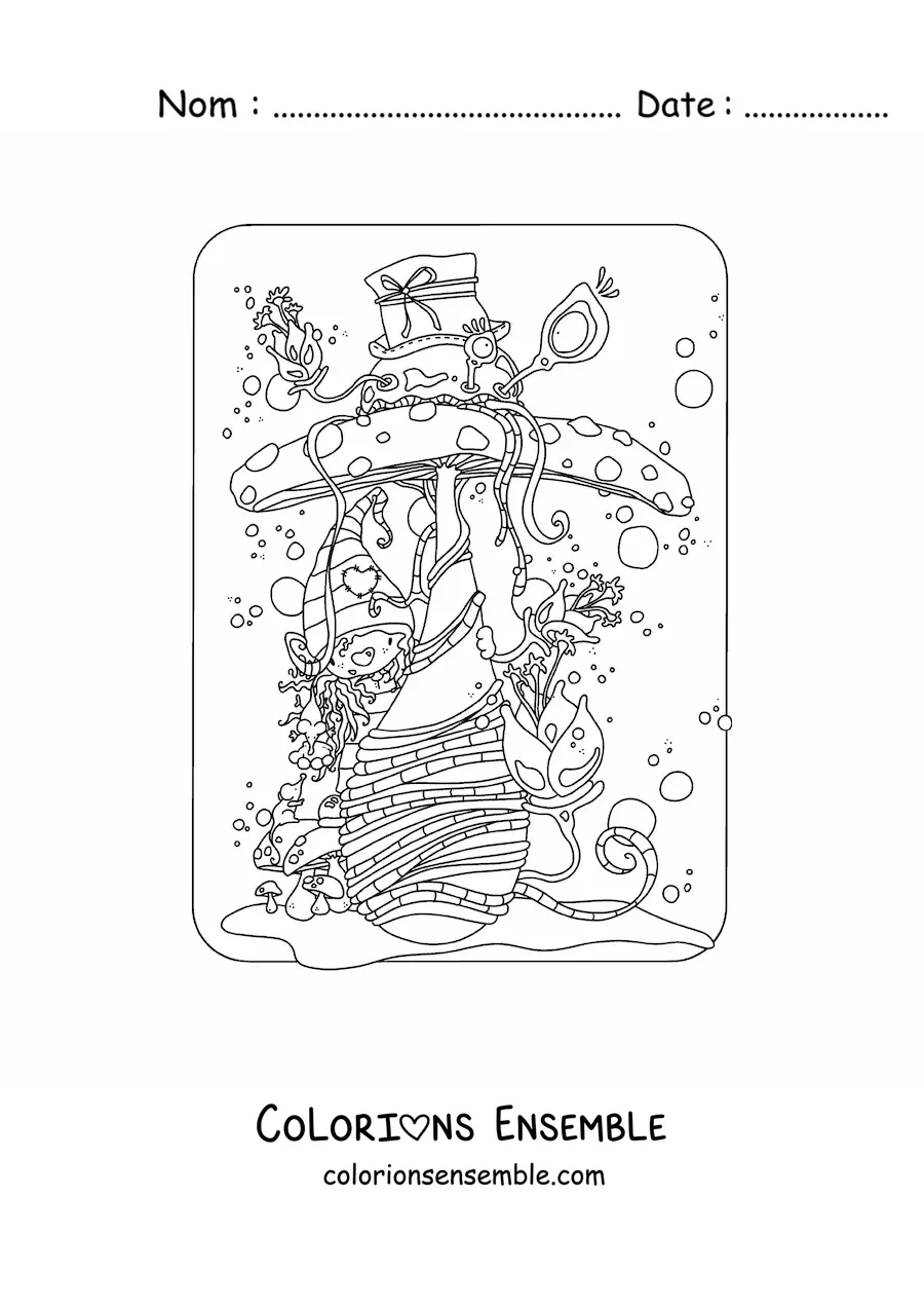Image à colorier d'un tendre gnome caché derrière un champignon