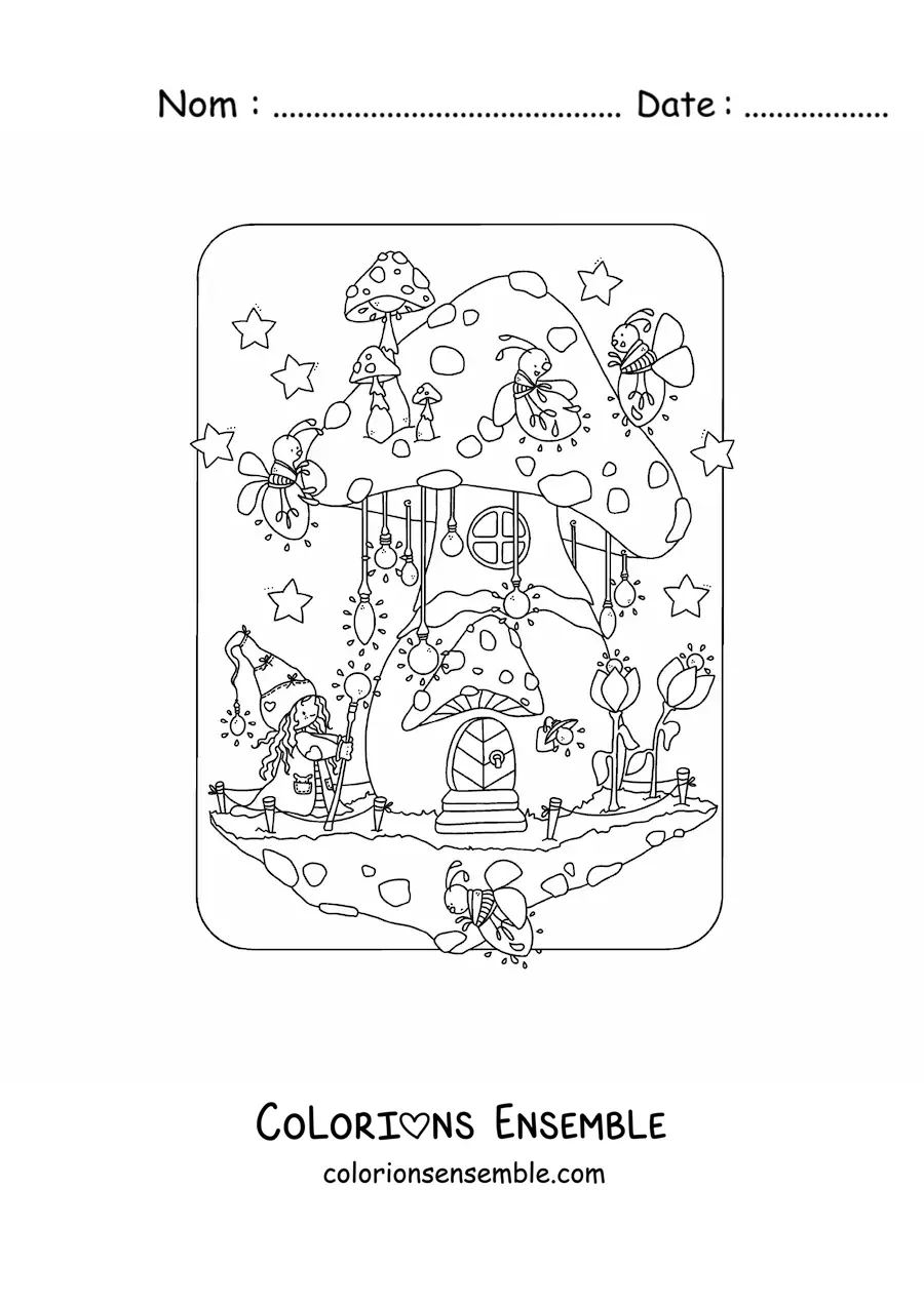 Image à colorier d'un gnome magique et de lucioles rigolotes dans une maison en forme de champignon