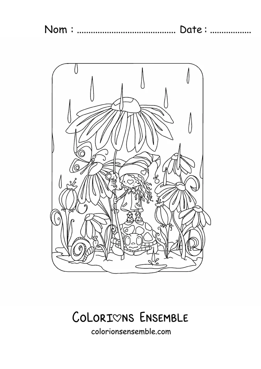Image à colorier d'un gnome kawaii utilisant une fleur comme parapluie