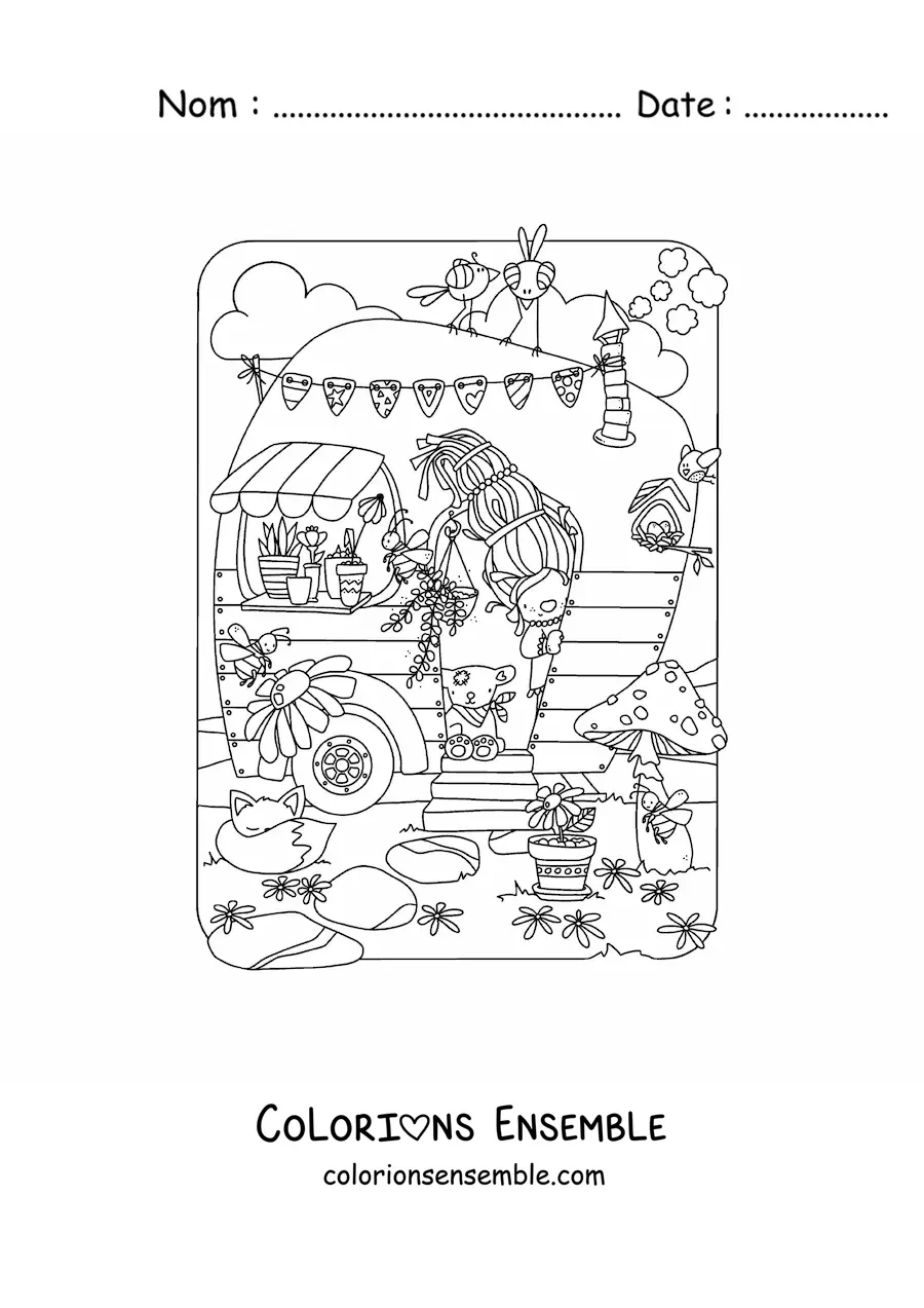 Image à colorier d'une femme gnome dans sa maison magique