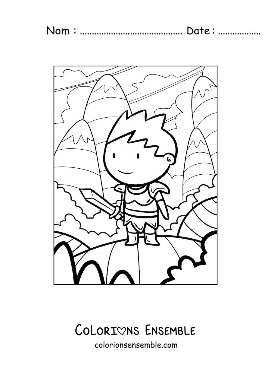 Image à colorier d'un chevalier rigolo avec une épée dans les montagnes