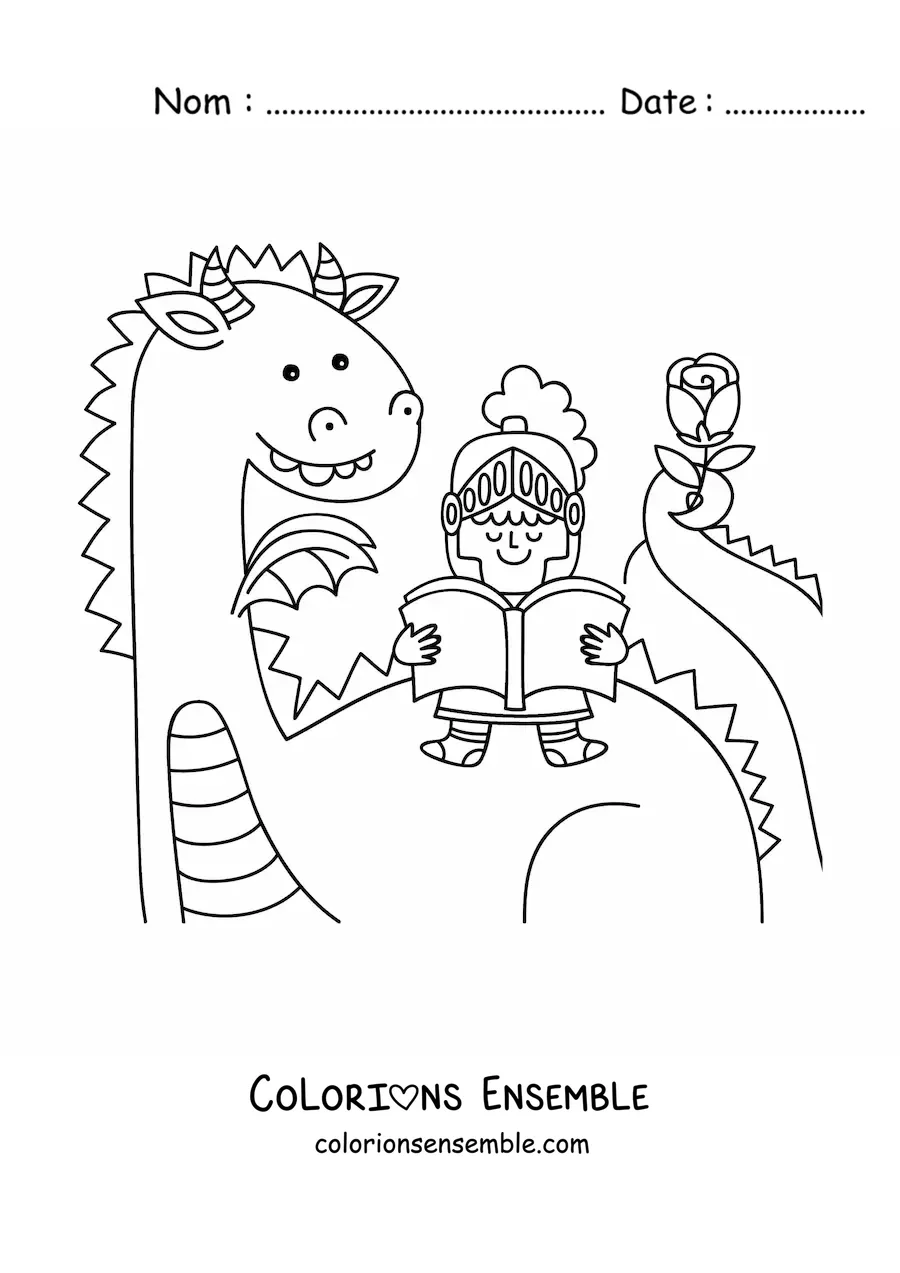 Image à colorier d'un chevalier kawaii lisant un livre assis sur un dragon