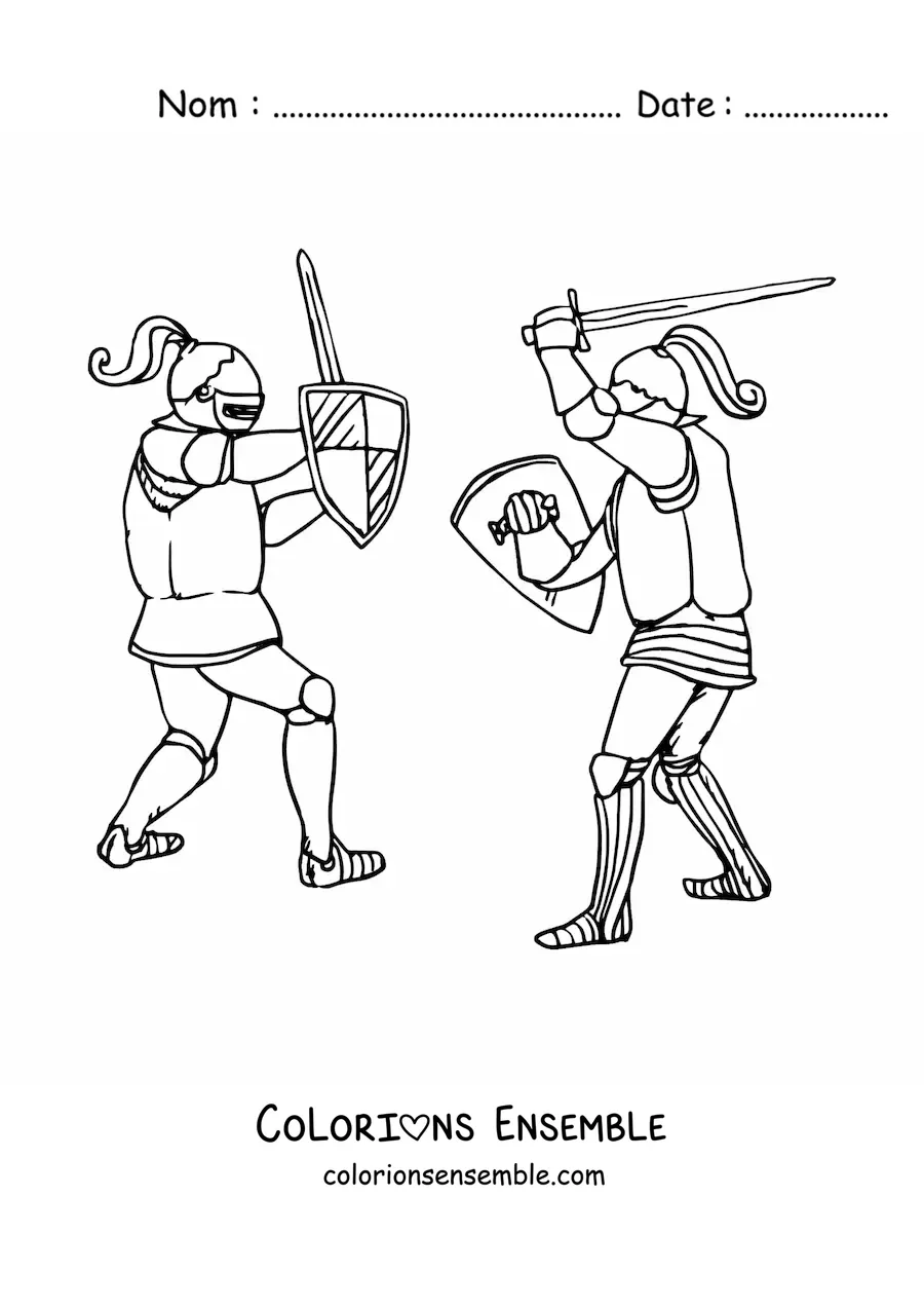 Image à colorier d'un duel épique entre chevaliers médiévaux