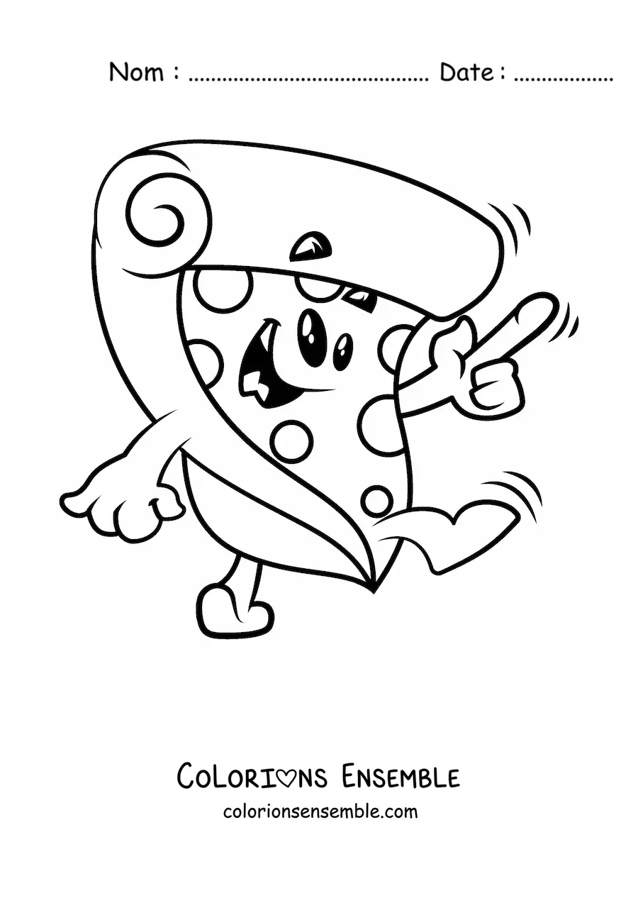 Image à colorier d'une pizza animée qui salue