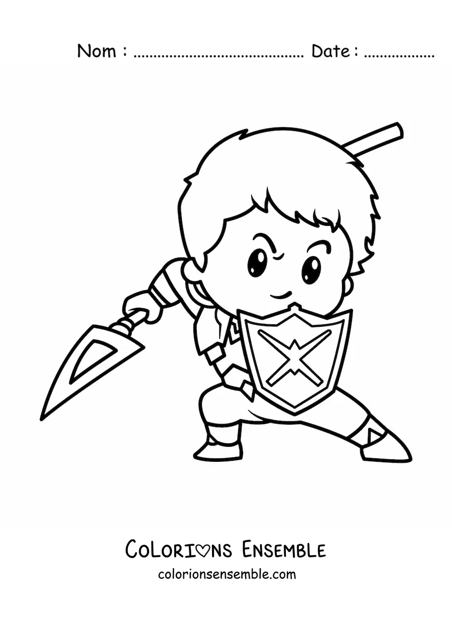 Image à colorier d'un chevalier héroïque rigolo en plein combat
