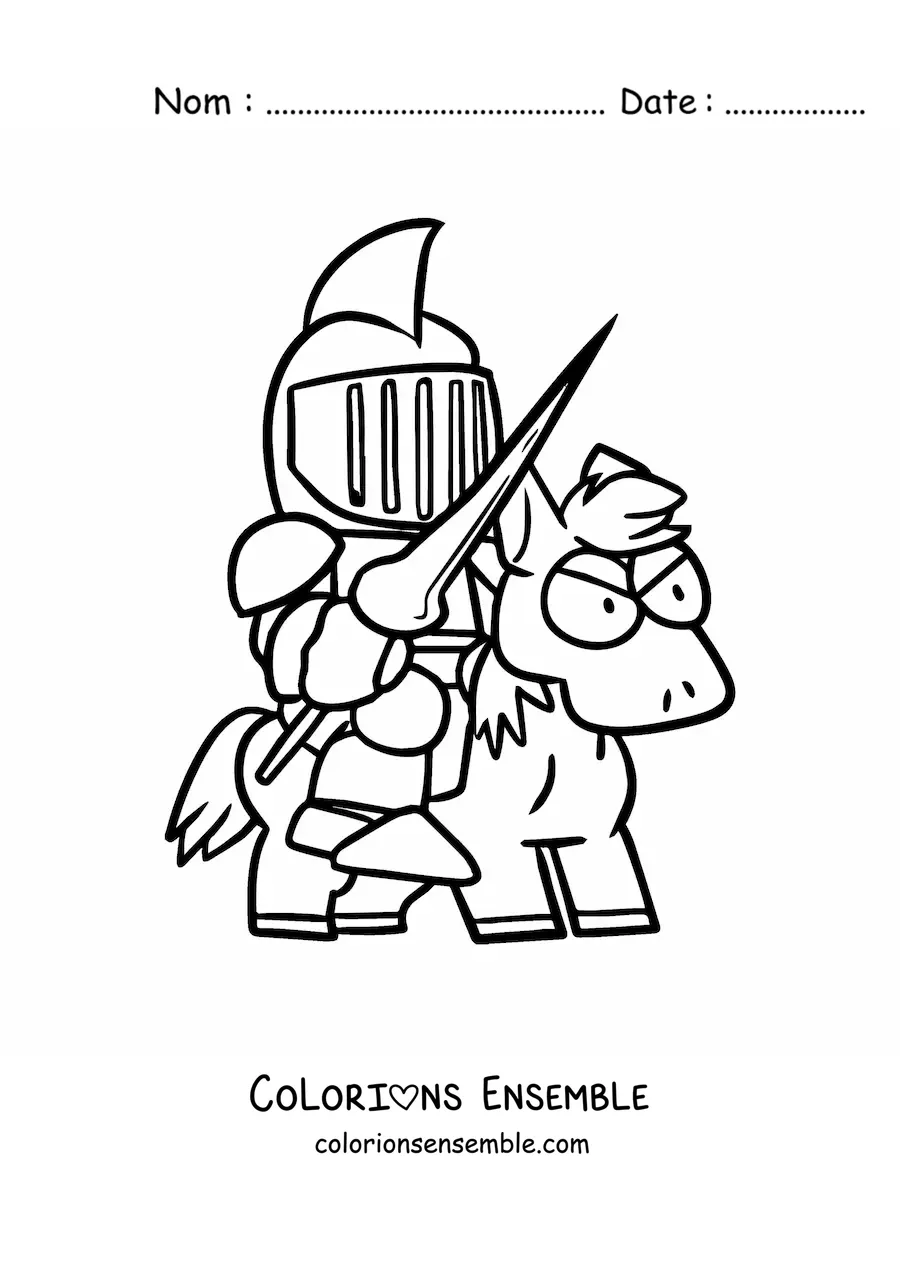 Image à colorier d'un dessin de chevalier sur un cheval