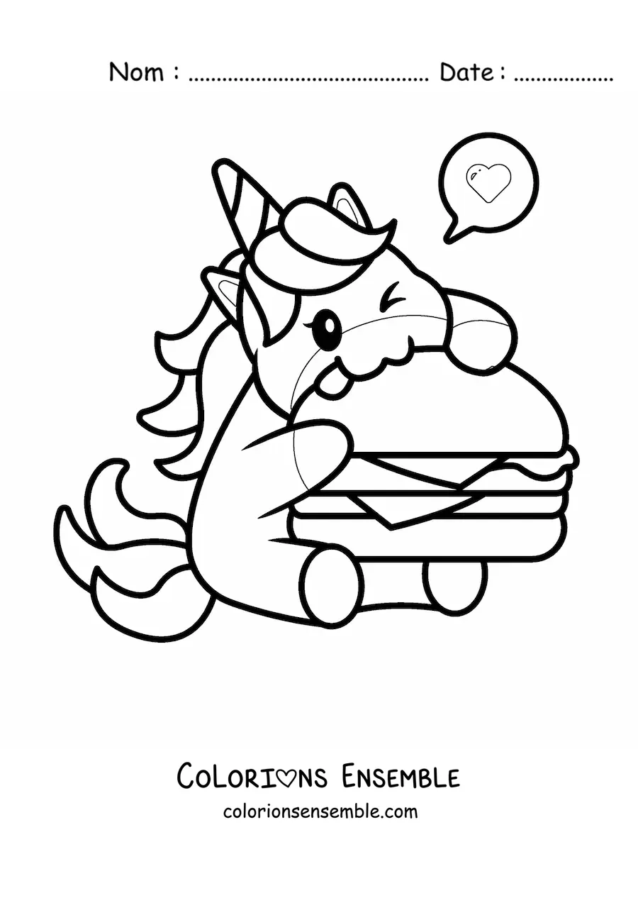 Image à colorier d'une licorne kawaii qui mange un hamburger géant avec un cœur