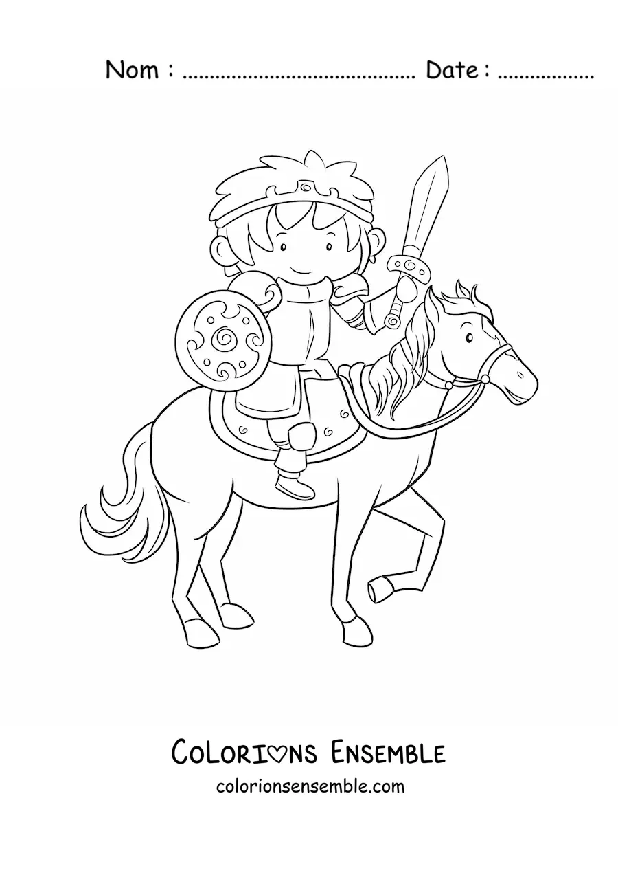 Image à colorier d'un chevalier rigolo avec une épée et un bouclier, monté à cheval