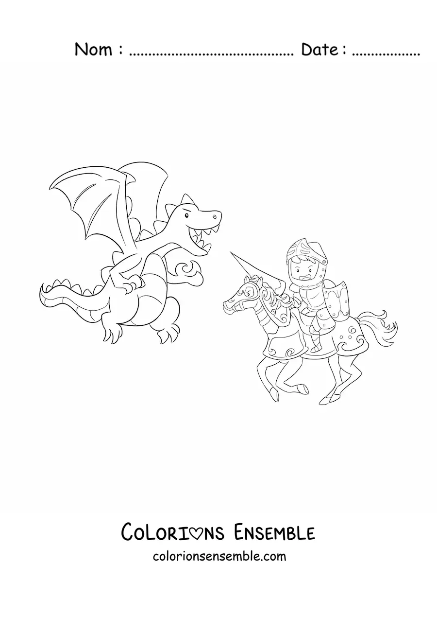 Image à colorier d'un chevalier héroïque rigolo combattant un dragon
