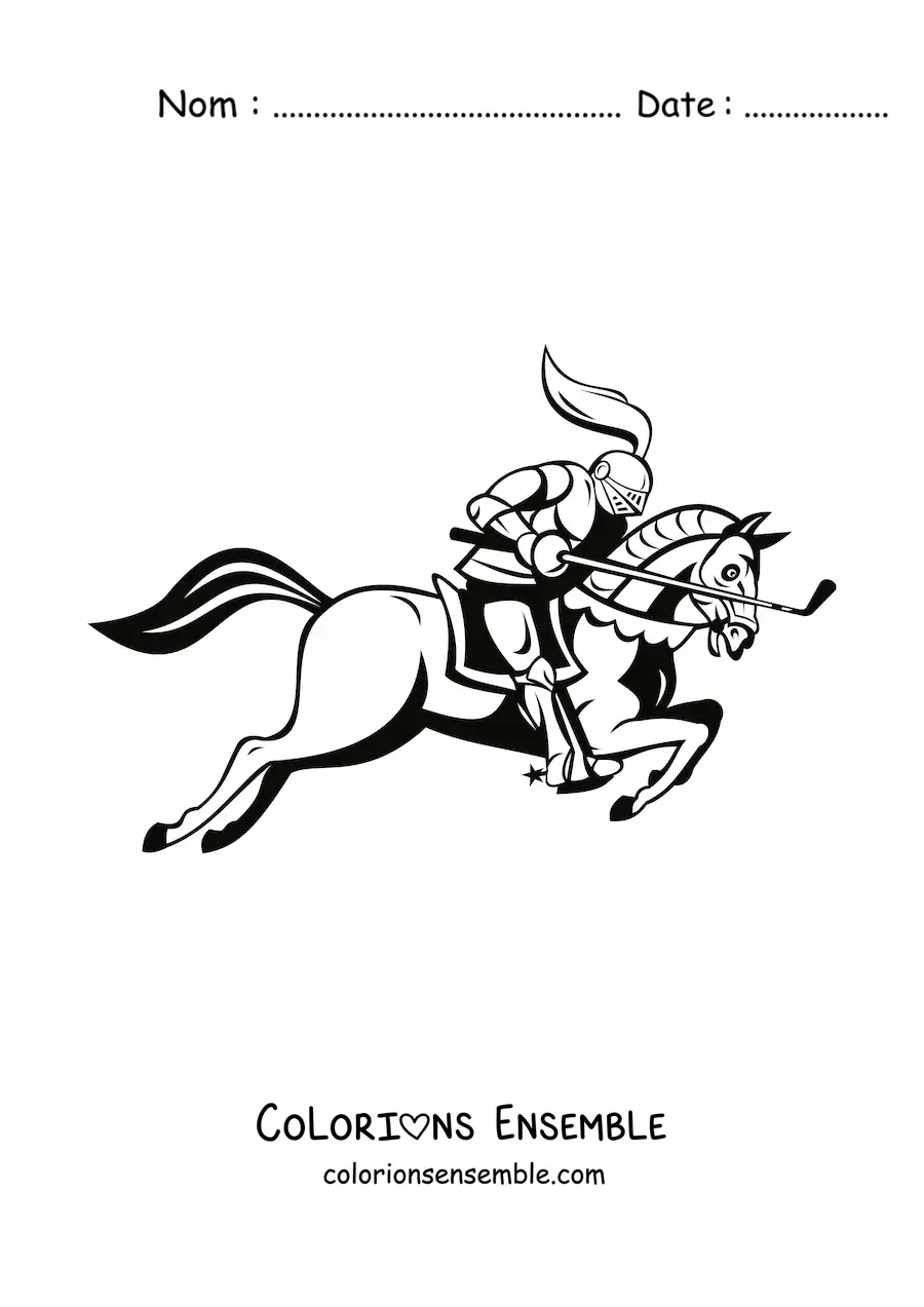 Image à colorier d'un chevalier avec un club de golf, monté sur un cheval