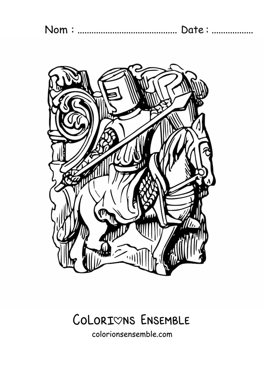 Coloriage d'un chevalier avec une lance et un bouclier sur son destrier