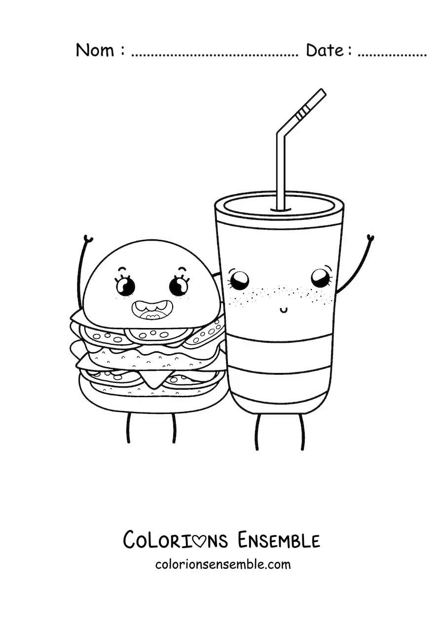 Image à colorier d'un hamburger et d'un soda kawaii animés et souriants