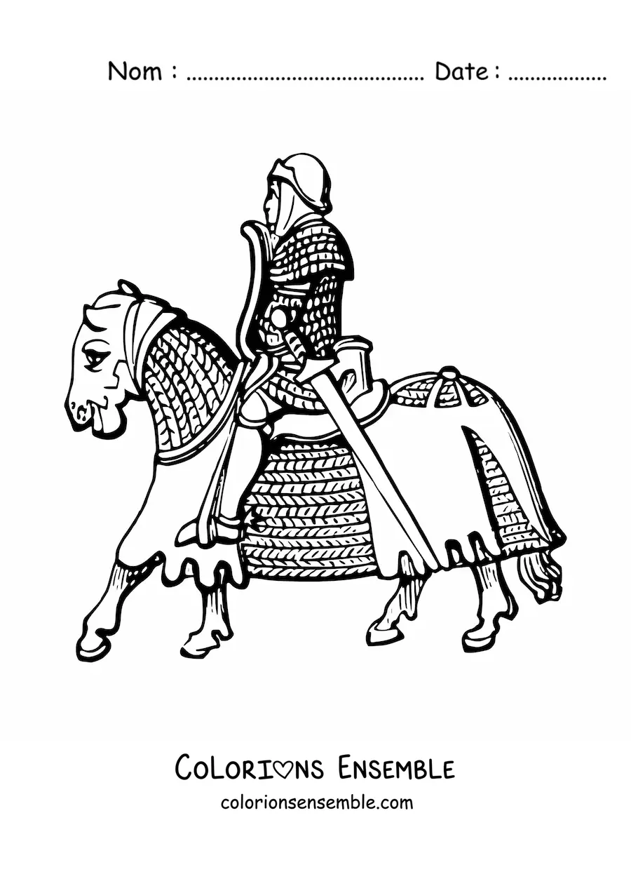 Image à colorier d'un chevalier en armure montant un cheval