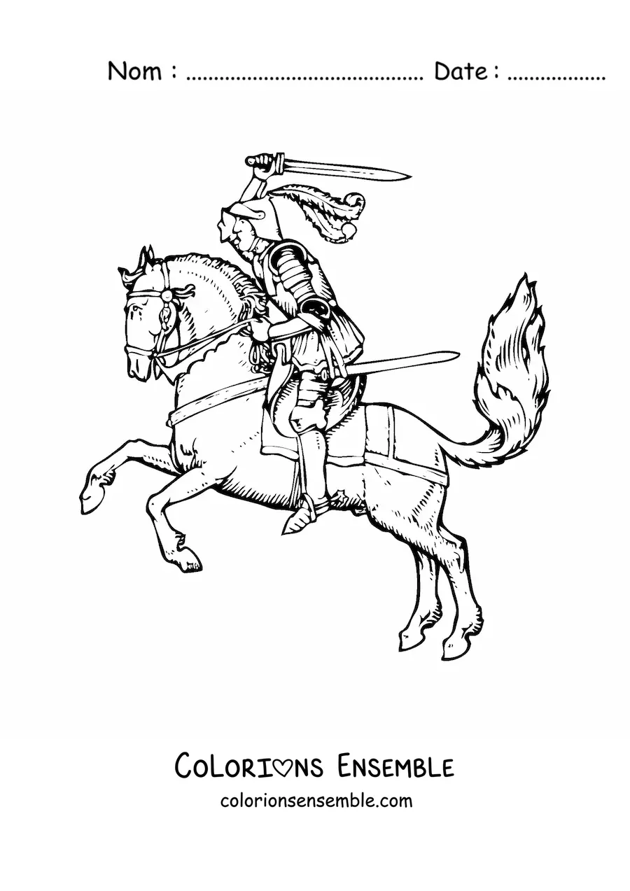 Coloriage d'un chevalier en armure étincelante sur son destrier