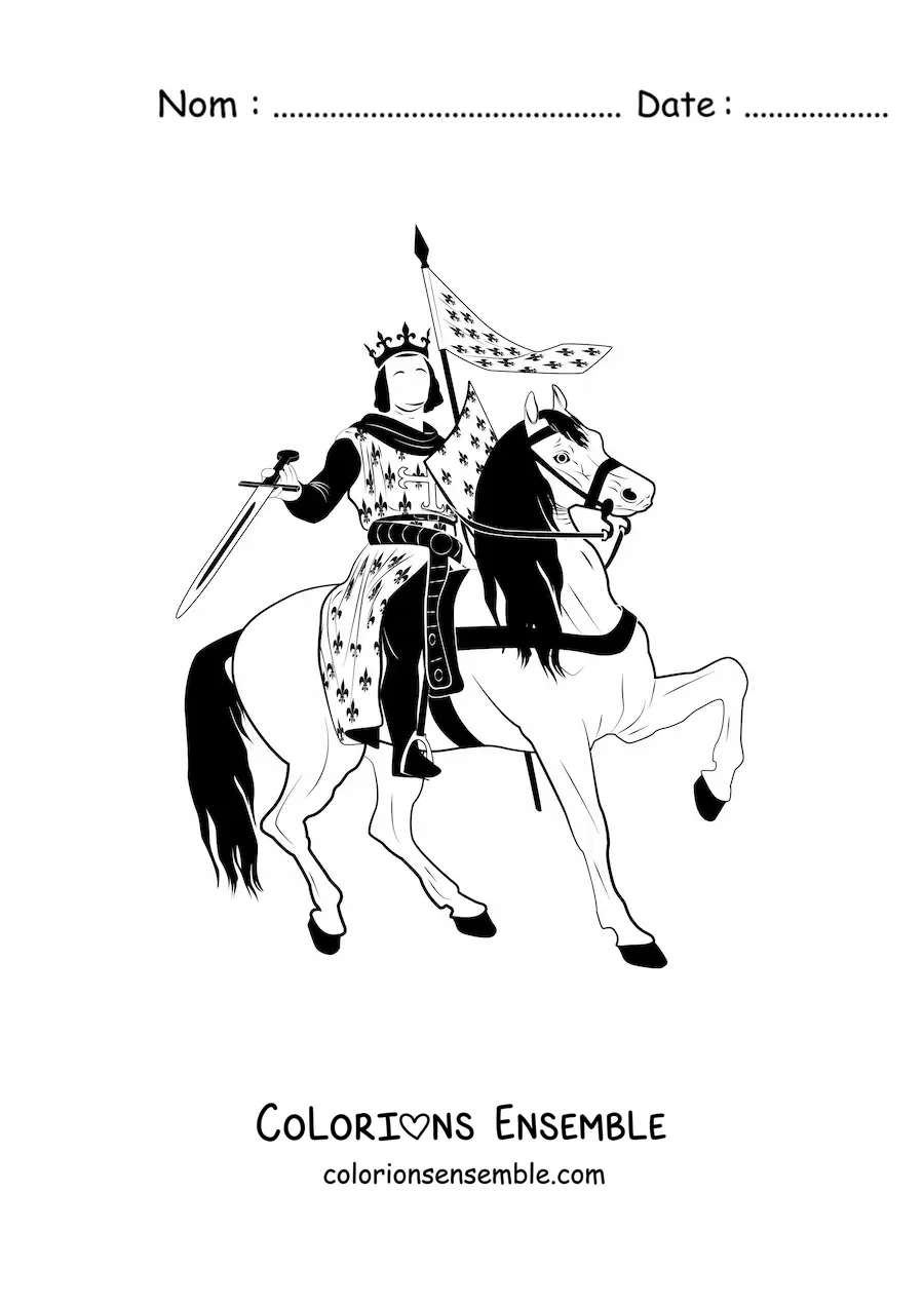 Image à colorier d'un roi combattant à cheval avec une épée