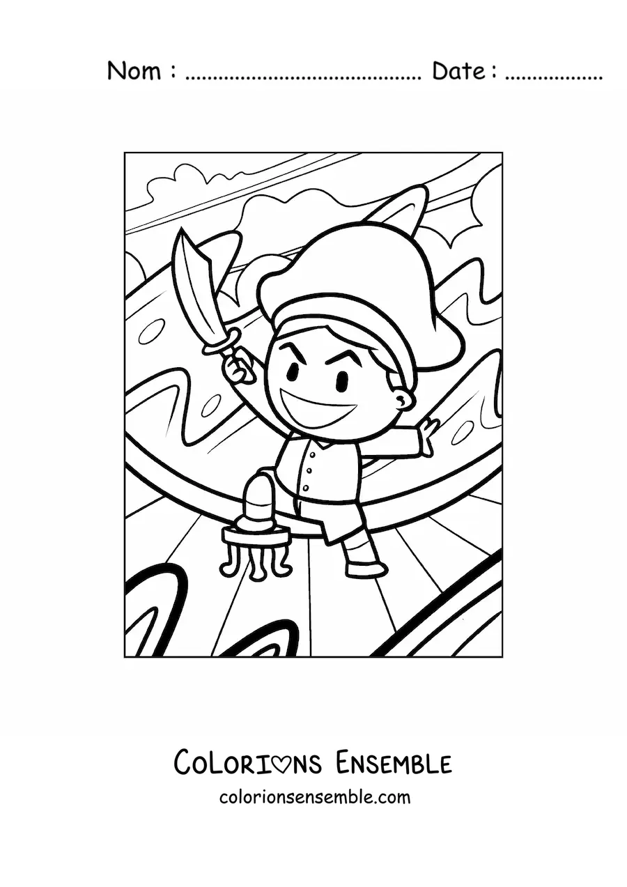 Image à colorier d'un méchant pirate rigolo avec une épée sur un bateau