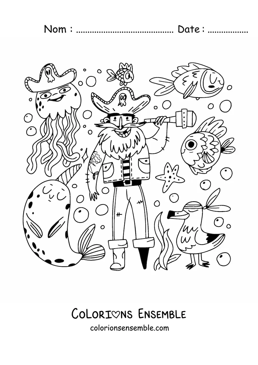 Image à colorier d'un vieux pirate rigolo entouré d'animaux marins