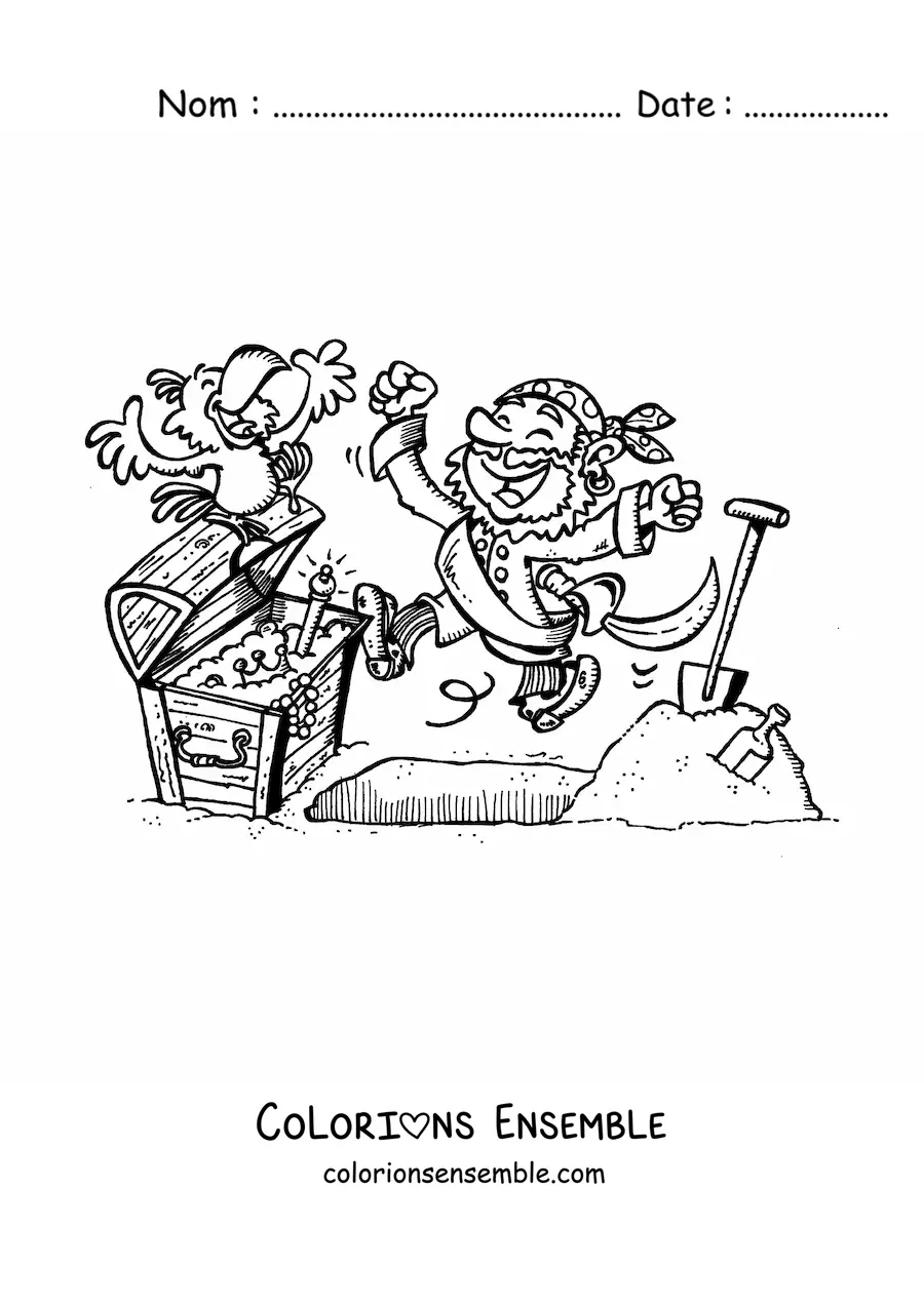 Image à colorier d'un pirate rigolo et de son perroquet déterrant un trésor
